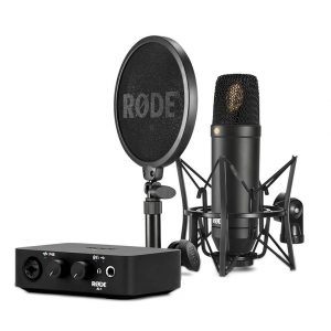 RODE large-diaphragm condenser microphone with shock mount, pop filter, and AI-1 USB audio interface