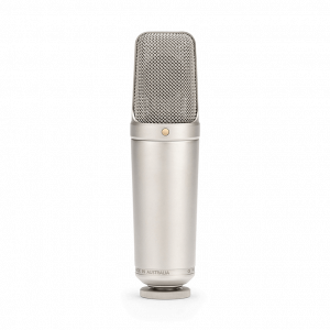 Rode NT1-A large-diaphragm condenser microphone with silver metal body and mesh grille.