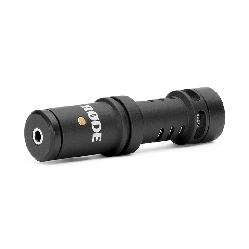 Rode Videomic Me Rode compact black microphone capsule with vented body and gold dot near the logo.