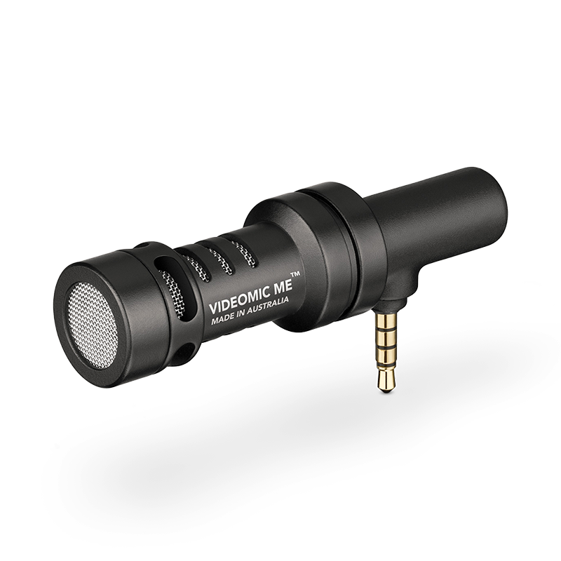 Rode Videomic Me Videomic me compact smartphone microphone with mesh grille, black metal body, and 3. 5mm plug.