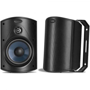 Polk Audio bookshelf speakers with black enclosure; left speaker shows blue woofer and small tweeter, right speaker has perforated grille.