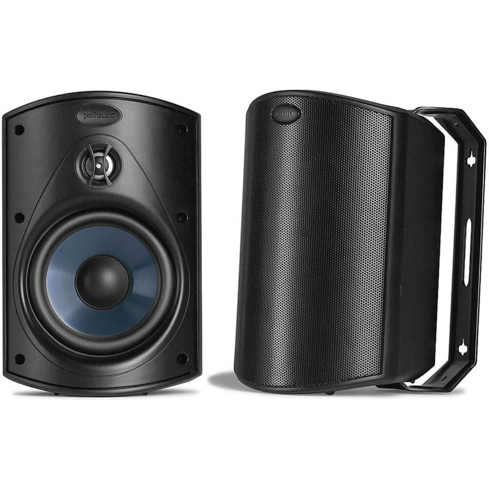 Polk Audio Atrium 4 Outdoor Speaker Polk audio bookshelf speakers with black enclosure; left speaker shows blue woofer and small tweeter, right speaker has perforated grille.