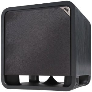 Polk Audio subwoofer with black fabric grille and curved square enclosure.