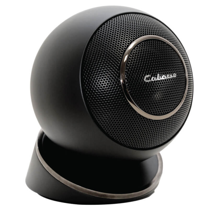Cabasse Eole 4 Satellite Speakers (Single) Black spherical speaker with perforated metal grille and chrome ring, mounted on a curved stand.