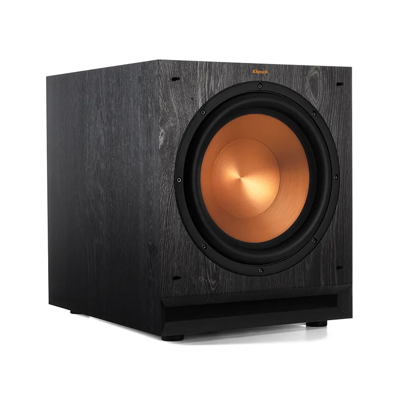 Klipsch Spl-120 Subwoofer Klipsch subwoofer with copper-colored woofer cone in a black wood cabinet.