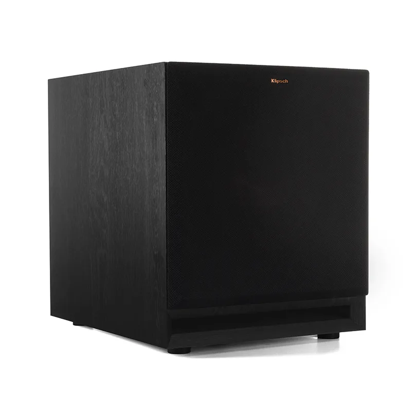 Klipsch Spl-120 Subwoofer Klipsch subwoofer with black mesh front grille, orange logo, and wood veneer cabinet