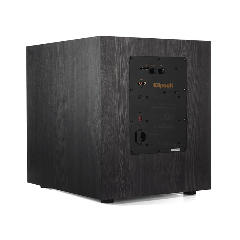 Klipsch Spl-120 Subwoofer Klipsch subwoofer with black wood-grain cabinet and rear panel featuring power input, volume and crossover controls.