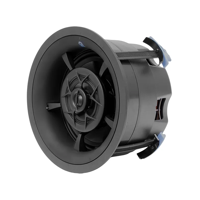 Origin Acoustics D85 In-Ceiling Speaker Black round loudspeaker driver with large mounting flange and exposed magnet assembly.