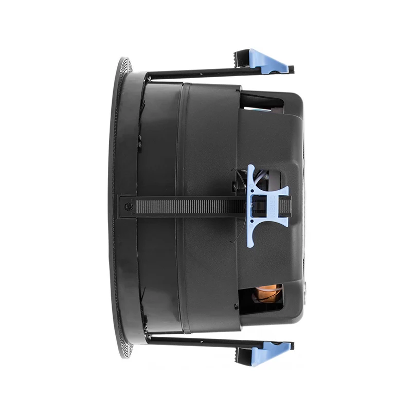 Origin Acoustics D85 In-Ceiling Speaker Black circular mechanical device with a toothed outer ring, blue mounting clamps, and a side rack mechanism.