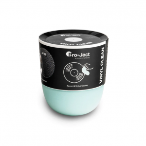 Interdyn Pro-ject vinyl clean record and stylus cleaner in a black label, mint-green container.