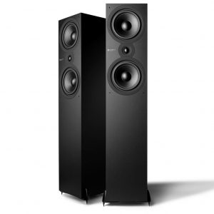 Pair of tall black Cambridge Audio floorstanding speakers with two large woofers and a small central driver.
