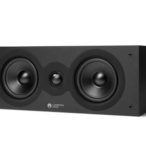Cambridge Audio black center speaker with two large woofers and a central driver.