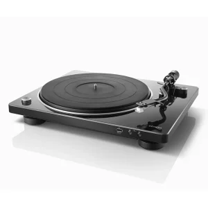 Denon turntable with black gloss finish, large platter, right-side tonearm, USB port and front controls.