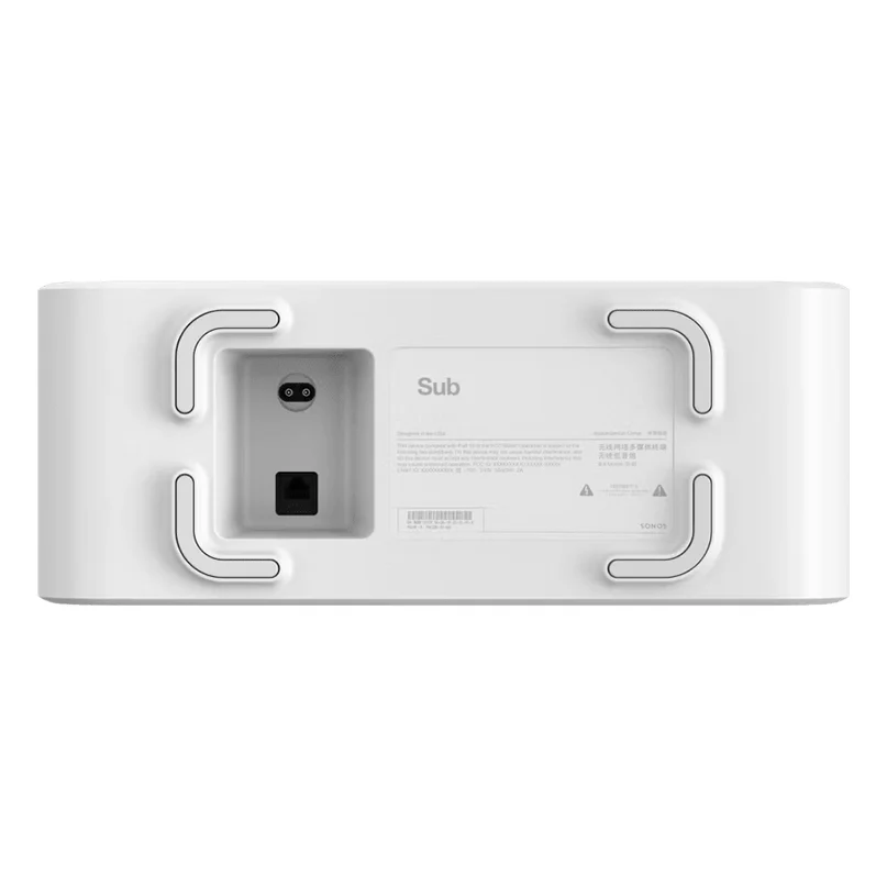 Sonos Sub (Gen 3) Premium Wireless Subwoofer White sonos sub wireless subwoofer viewed from the back, featuring the sub label and visible power and ethernet ports.