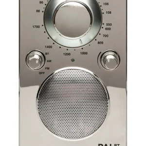 Tivoli Audio PAL BT portable Bluetooth radio with chrome finish, large tuning dial, two knobs, and front speaker grille.
