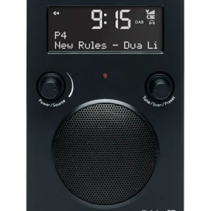 Tivoli Audio PAL+ BT clock radio with Bluetooth, black body, two knobs, and large front speaker grille.