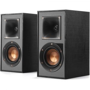 Two Klipsch Reference bookshelf speakers feature copper woofers and square horn tweeters in a black finish.