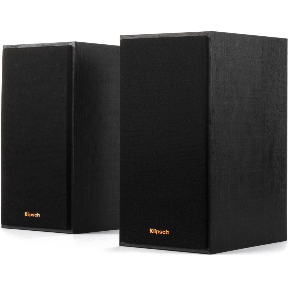 Klipsch R-41Pm Powered Speakers Two black klipsch bookshelf speakers with fabric grills and orange logo.