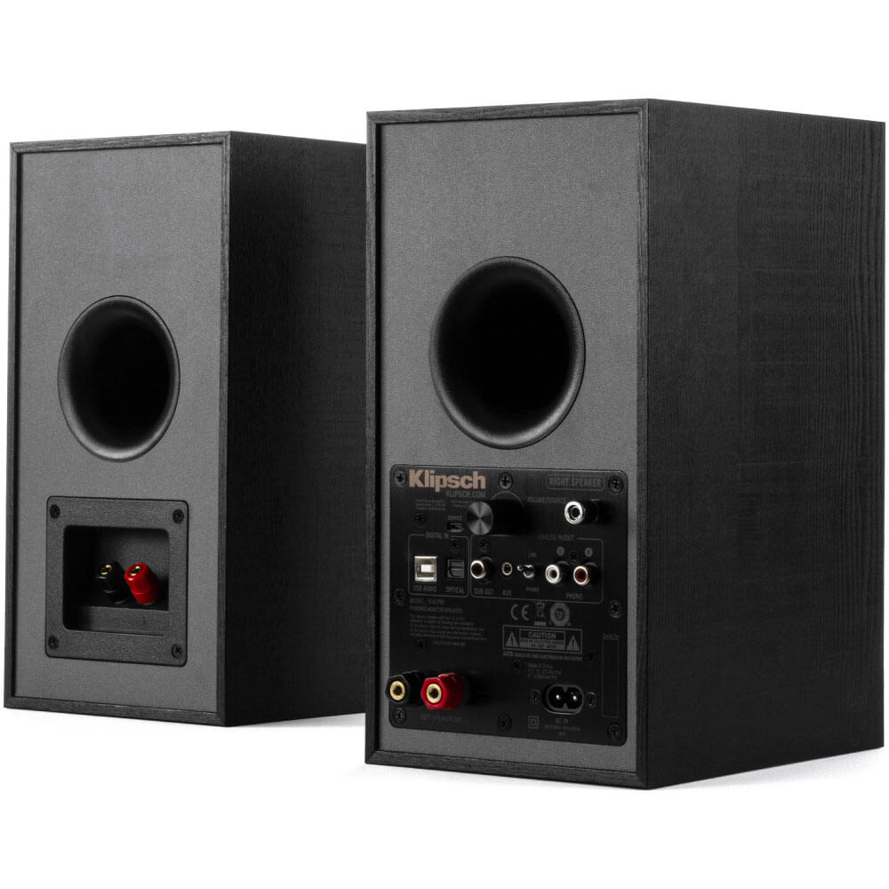 Klipsch R-41Pm Powered Speakers Pair of black klipsch bookshelf speakers with rear input panel, binding posts, and wood-grain finish.