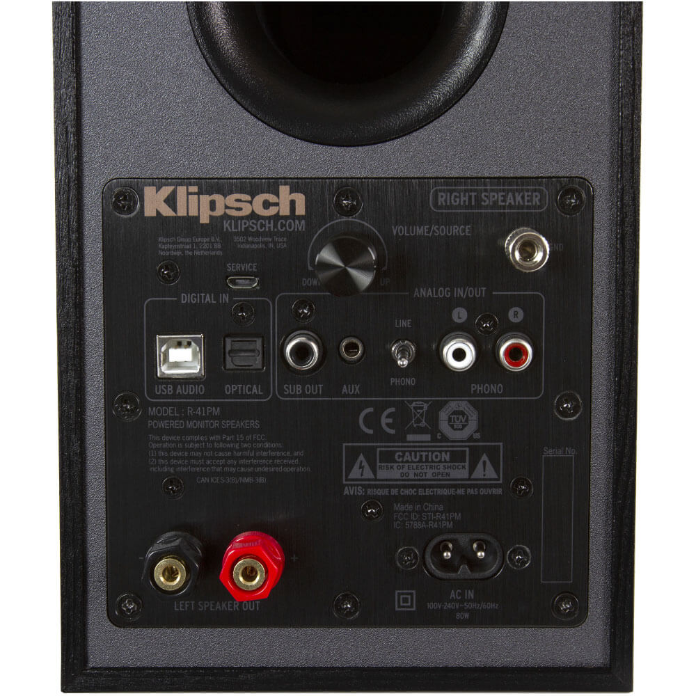 Klipsch R-41Pm Powered Speakers Klipsch r-41pm powered monitor speaker back panel with usb, optical, analog inputs, binding posts, and volume knob.