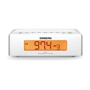 Sangean RCR-5 digital clock radio with orange display showing FM 97.4.