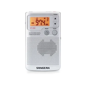 Sangean DT-250 AM/FM-stereo digital tuning pocket radio with orange backlit display and front speaker