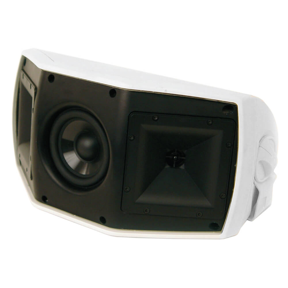 Klipsch Aw-500 Outdoor Speaker White portable pa speaker with circular woofer and square horn.
