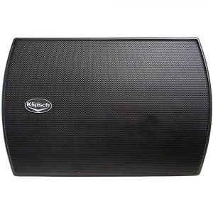 Klipsch black speaker with a perforated front grille and curved wedge cabinet