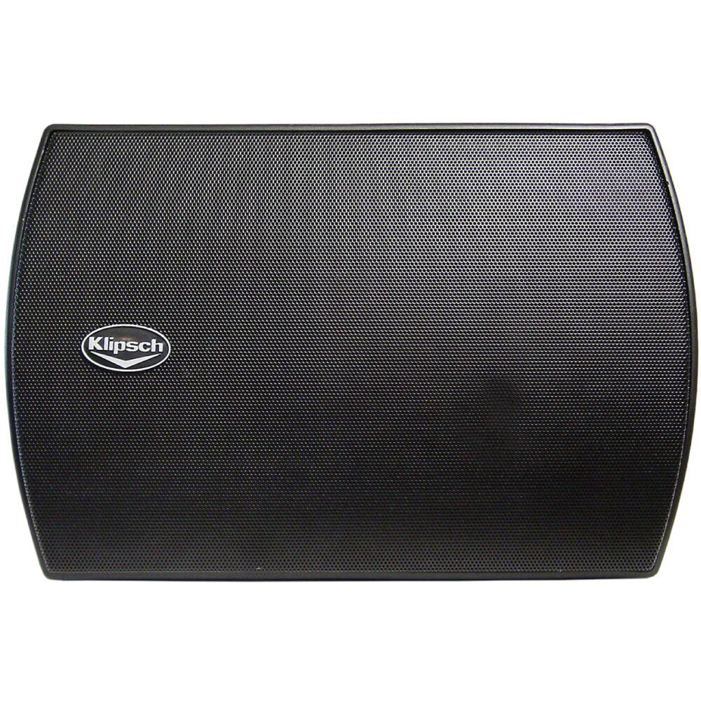 Klipsch Aw-525 Outdoor Speaker Klipsch black speaker with a perforated front grille and curved wedge cabinet