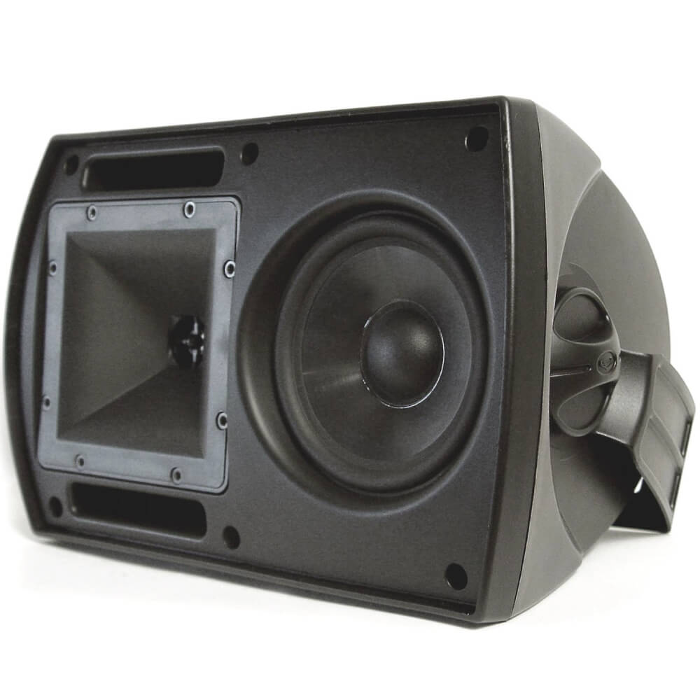 Klipsch Aw-525 Outdoor Speaker Black loudspeaker cabinet with 12-inch woofer and square horn, wedge-shaped pro audio speaker.