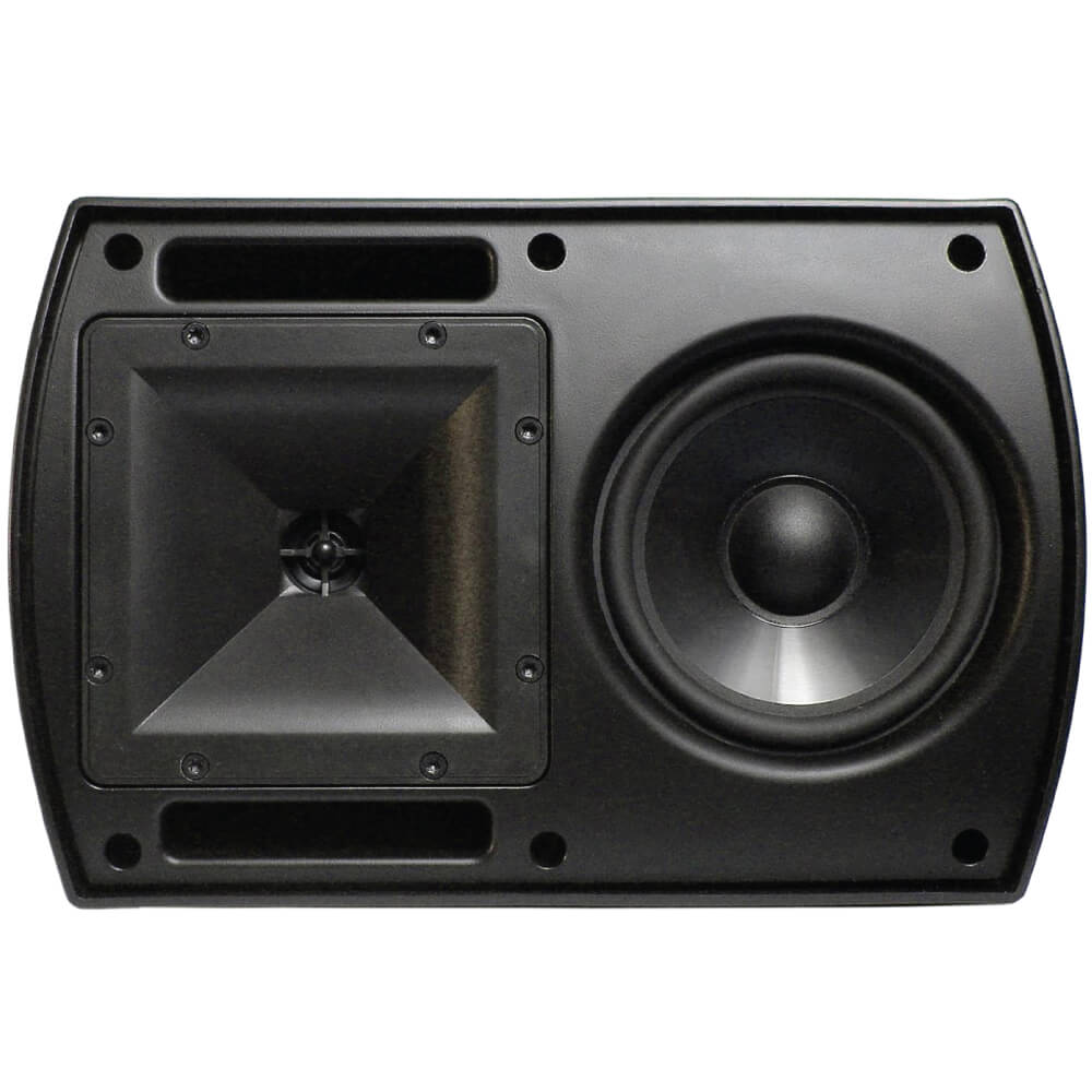 Klipsch Aw-525 Outdoor Speaker Black two-way passive speaker with a large round woofer on the right and a square horn on the left.