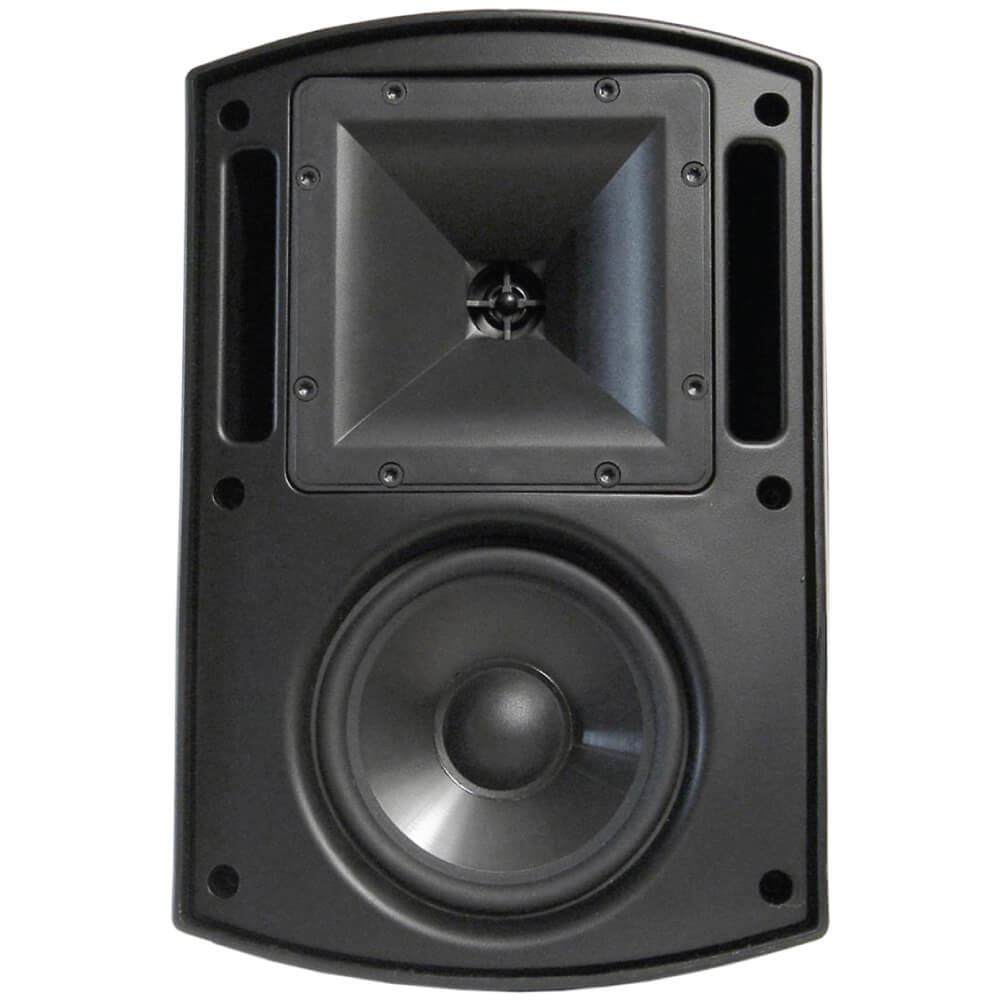 Klipsch Aw-525 Outdoor Speaker Black two-way loudspeaker with a square horn-loaded tweeter and a large woofer in a curved cabinet.