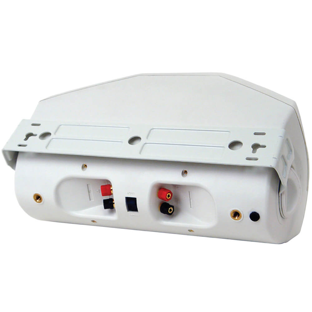 Klipsch Aw-525 Outdoor Speaker Rear view of a white audio amplifier with red and black speaker terminals and a blue input connector.