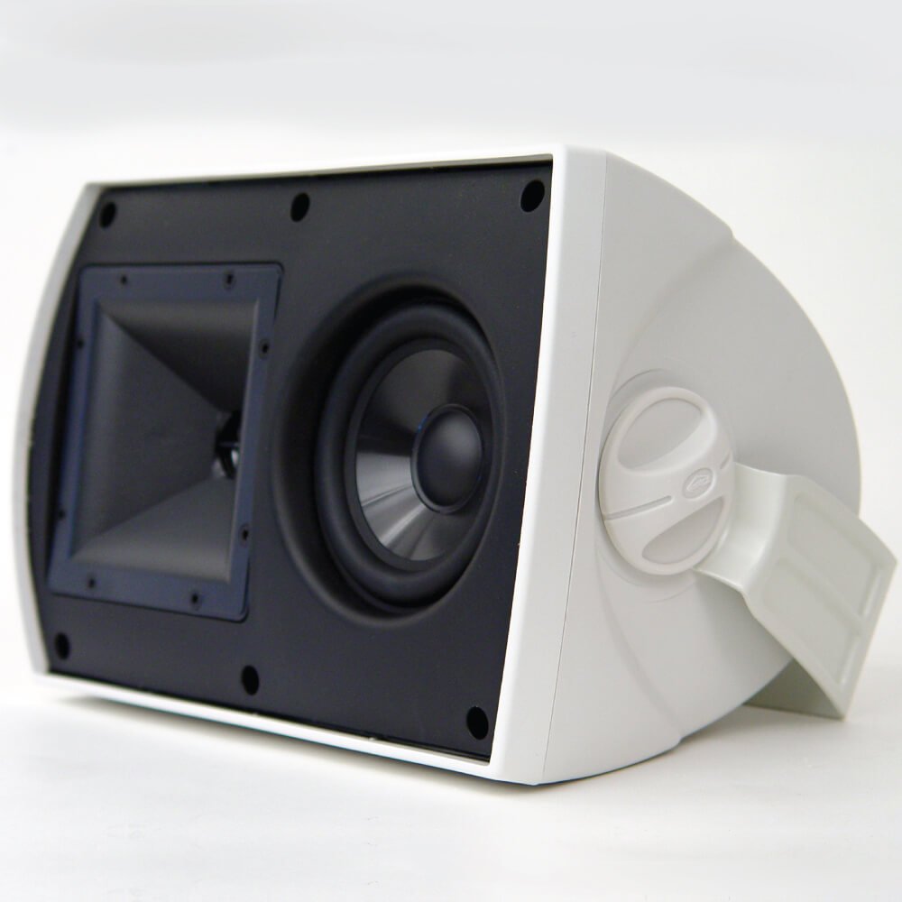 Klipsch Aw-525 Outdoor Speaker White speaker with black front panel, large circular woofer and horn, mounted on a curved white stand.