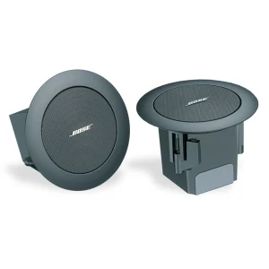 Pair of Bose round automotive speakers with gray perforated grilles and mounting hardware.