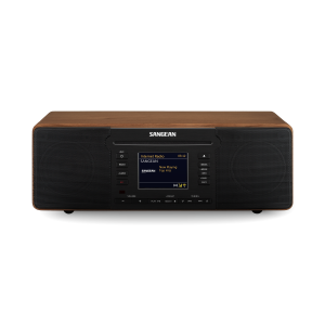 SANGEAN internet radio in a wooden cabinet with a black front panel and color display.
