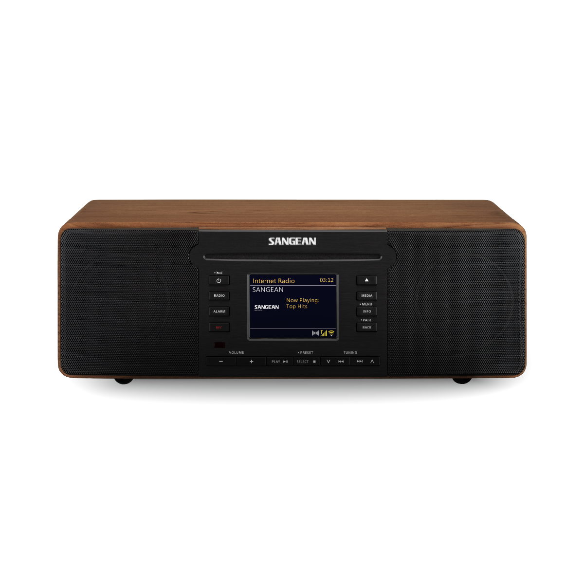 Sangean Ddr-66Bt Digital Audio Internet Radio/Dab+/Fm-Rds/Bluetooth/Cd Mp3/Wma/Sd/Usb Sangean internet radio in a wooden cabinet with a black front panel and color display.