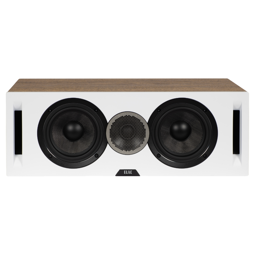 Elac Debut Dcr52 Centre Channel Speaker Elac loudspeaker with white front panel, dual woofers on sides and honeycomb center grille, wood top.