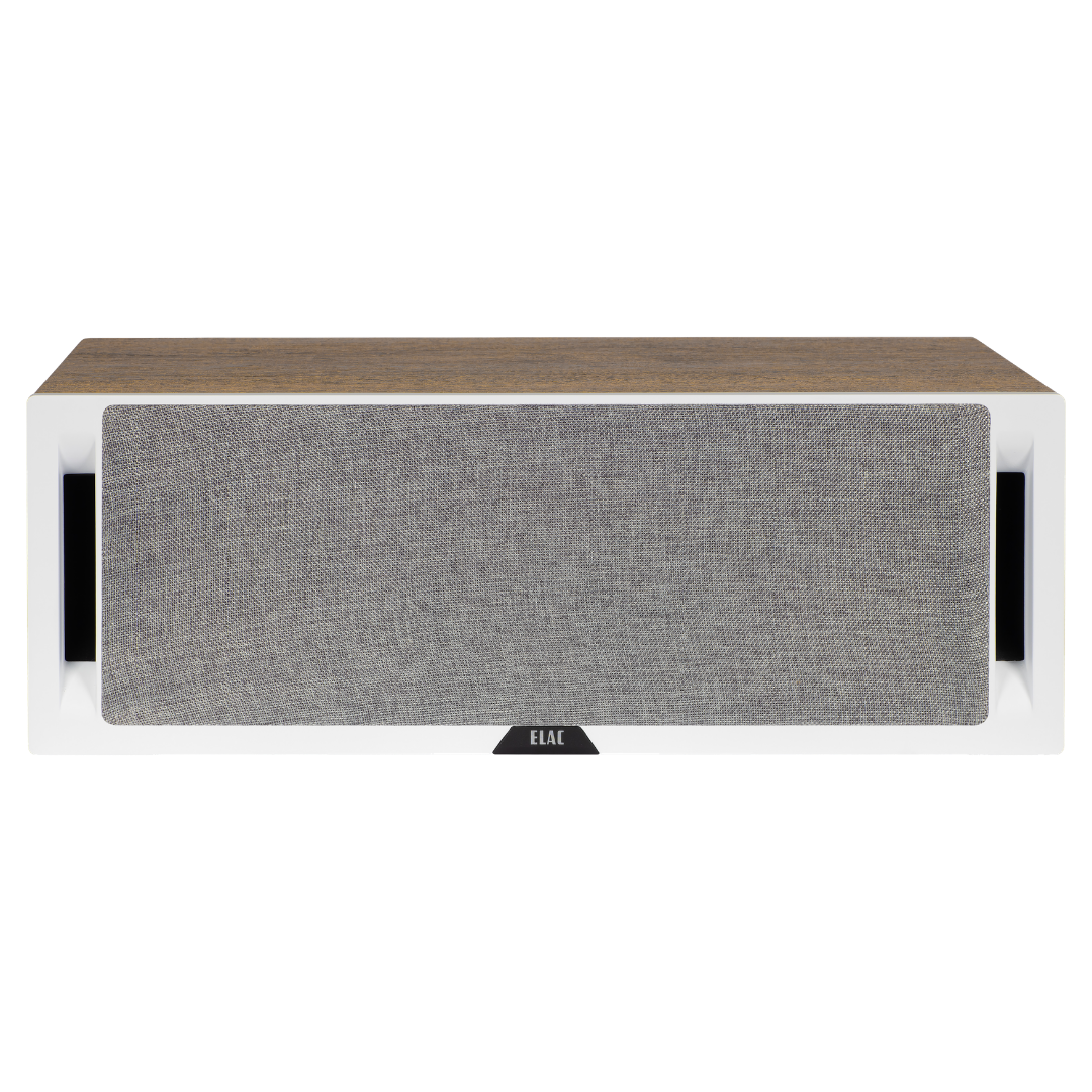 Elac Debut Dcr52 Centre Channel Speaker Elac speaker with white cabinet, gray fabric grille, and wood top panel.