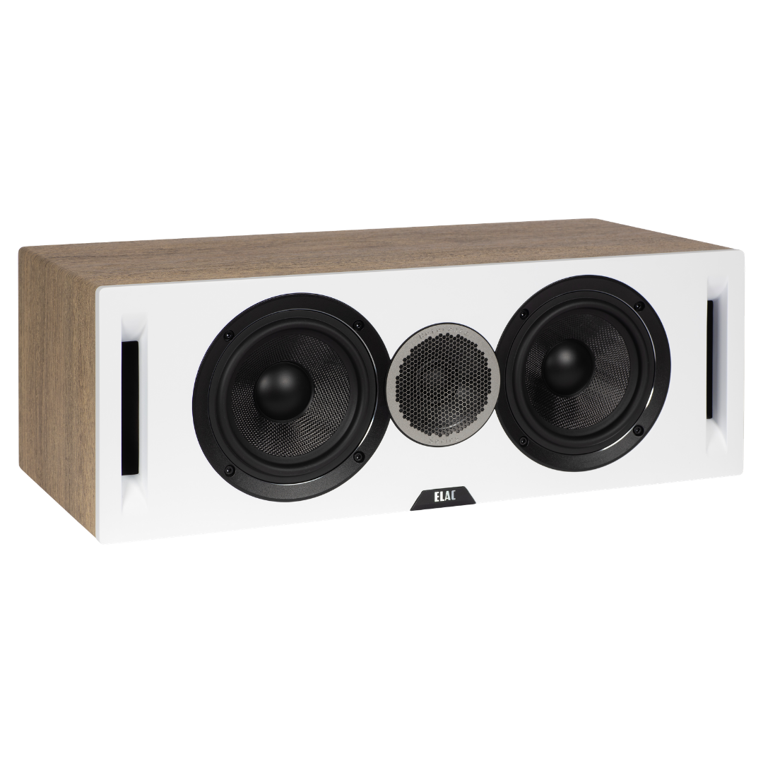 Elac Debut Dcr52 Centre Channel Speaker Elac center channel loudspeaker with two large black woofers, a silver center mesh, white front panel, and wood cabinet.