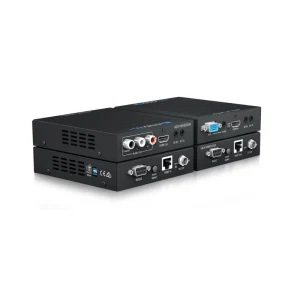 BLUSTREAM HEX100HDVGA-KIT - Two stacked pairs of black audiovisual extender set units showing HDMI, VGA, audio, RS-232, and HDBaseT connectivity ports.