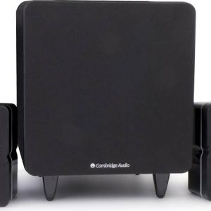 Cambridge Audio speaker system with a large central subwoofer and two compact satellite speakers in black.