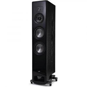 Polk Audio floor-standing loudspeaker with three drivers in a black woodgrain finish on a wheeled stand.