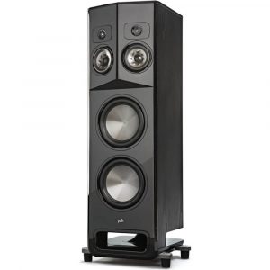 Polk floorstanding speaker with two large woofers, two top tweeters, glossy black front, and front bass port.