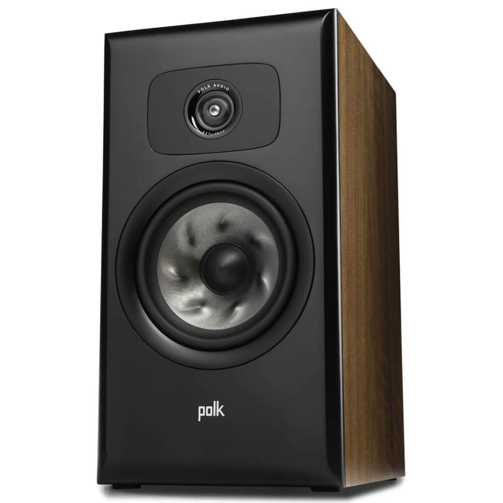 Polk Audio Legend L200 Bookshelf Speaker Polk audio bookshelf speaker with black front baffle, large woofer, small circular tweeter, and wood veneer side panels.