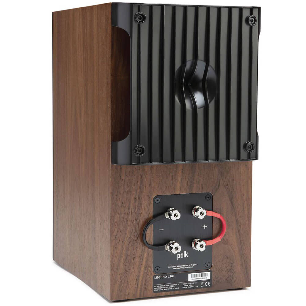 Polk Audio Legend L200 Bookshelf Speaker Polk legend l200 loudspeaker with wood veneer cabinet and rear binding-post terminal panel.