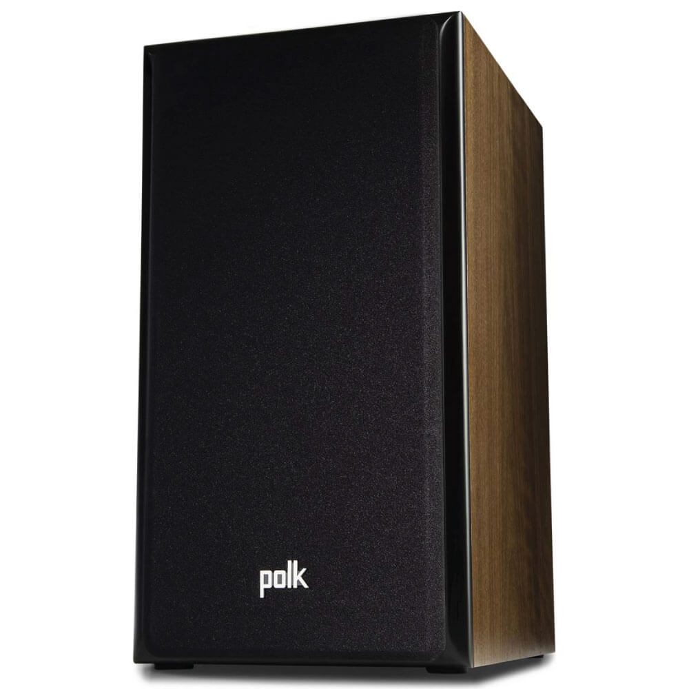 Polk Audio Legend L200 Bookshelf Speaker Polk floor-standing speaker with black fabric grille and wood veneer sides.