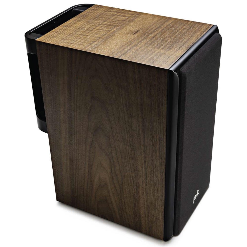 Polk Audio Legend L200 Bookshelf Speaker Polk audio speaker with wood veneer cabinet and black fabric front.