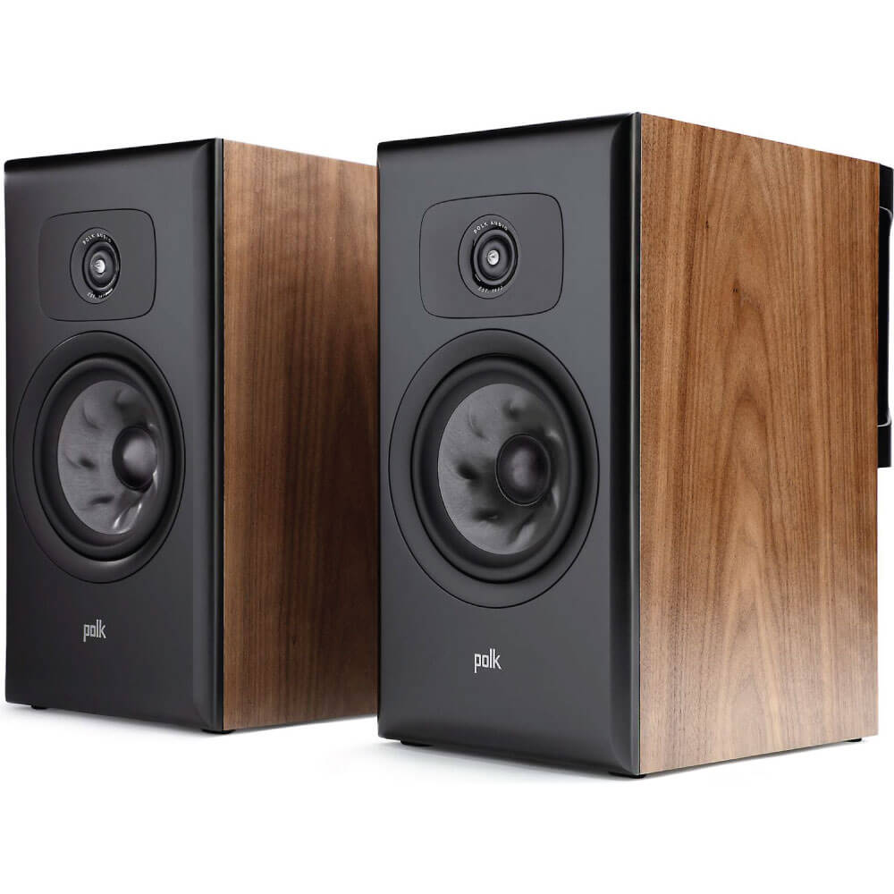 Polk Audio Legend L200 Bookshelf Speaker Polk audio bookshelf speakers with black front panel and wood veneer sides, two-driver design.