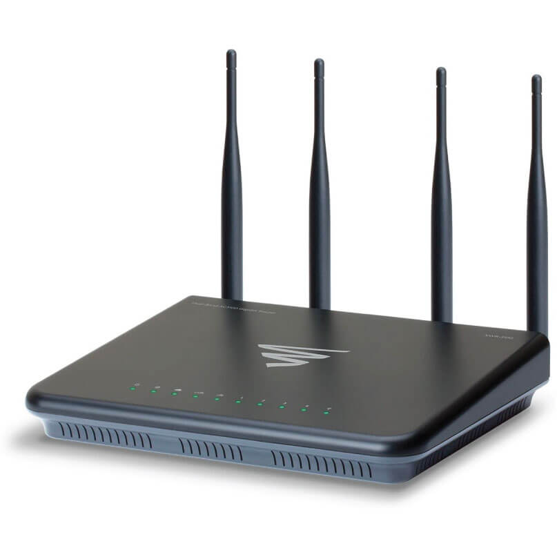 Four-antenna wireless router with LED indicators and a matte black chassis.